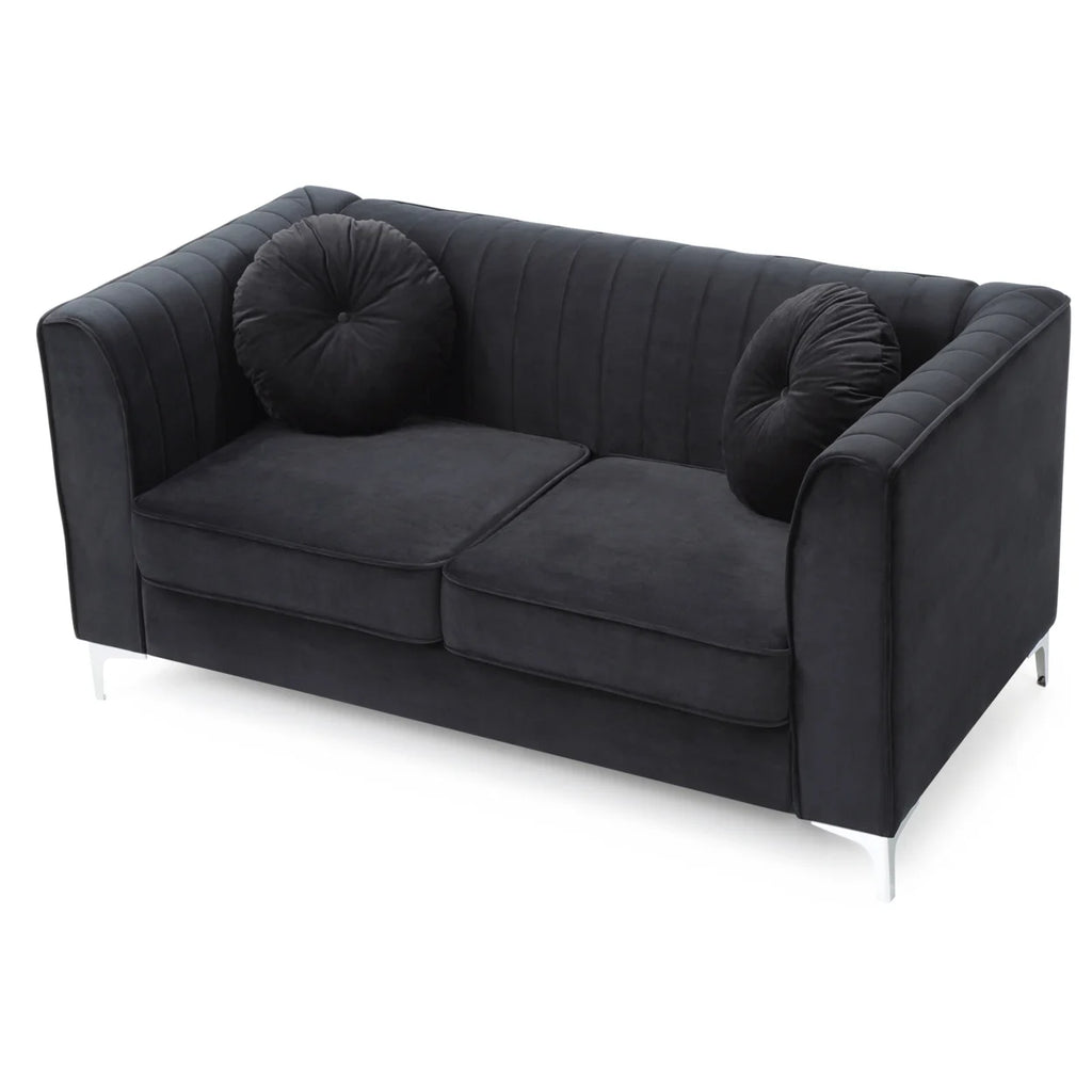 Black Tuxedo Arm Velvet Loveseat with 2-Throw Pillow O83468