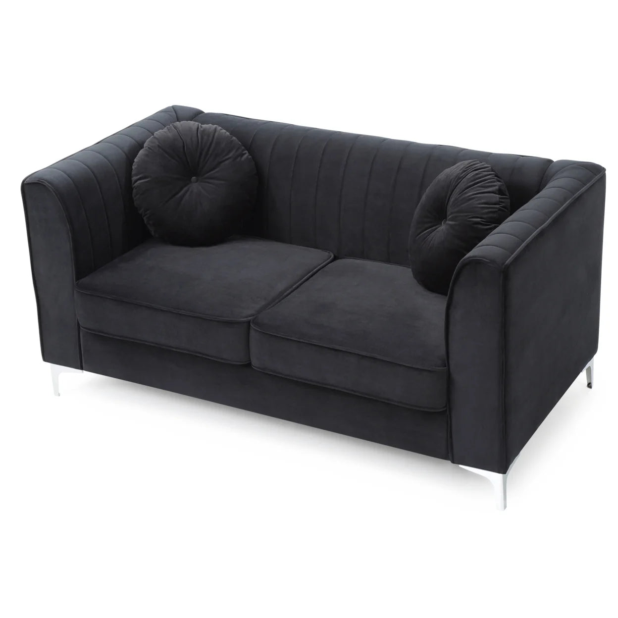 Black Tuxedo Arm Velvet Loveseat with 2-Throw Pillow O83468
