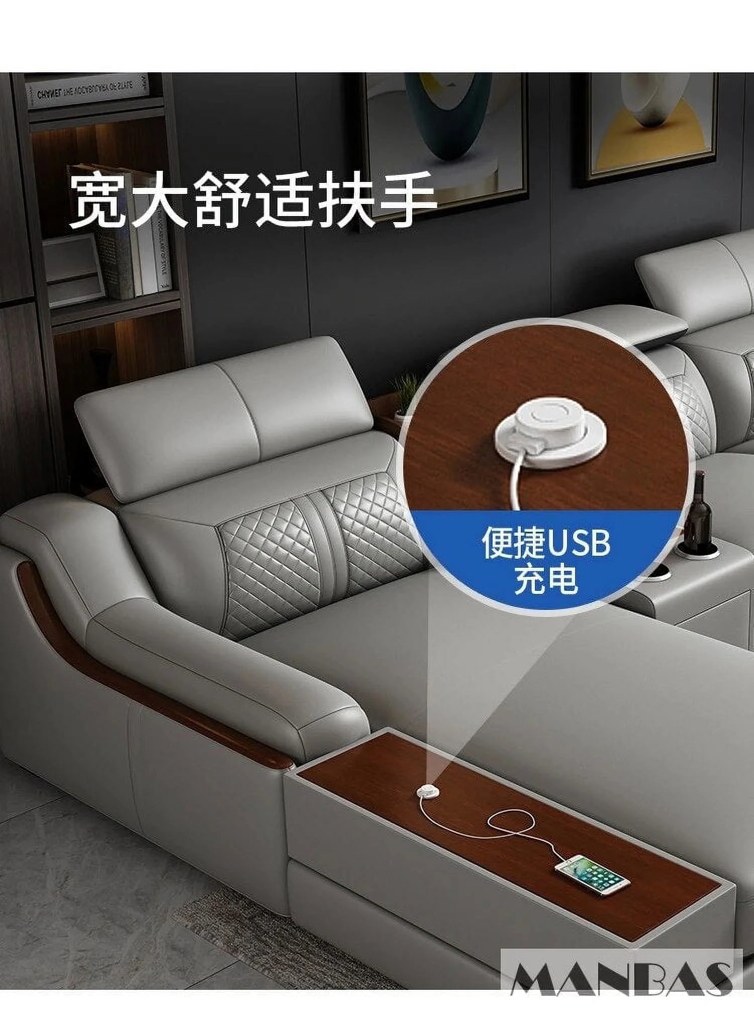 Italian Leather Couch Set with Cup Holder, USB, Adjustable Headrests & Bluetooth Speaker A3101