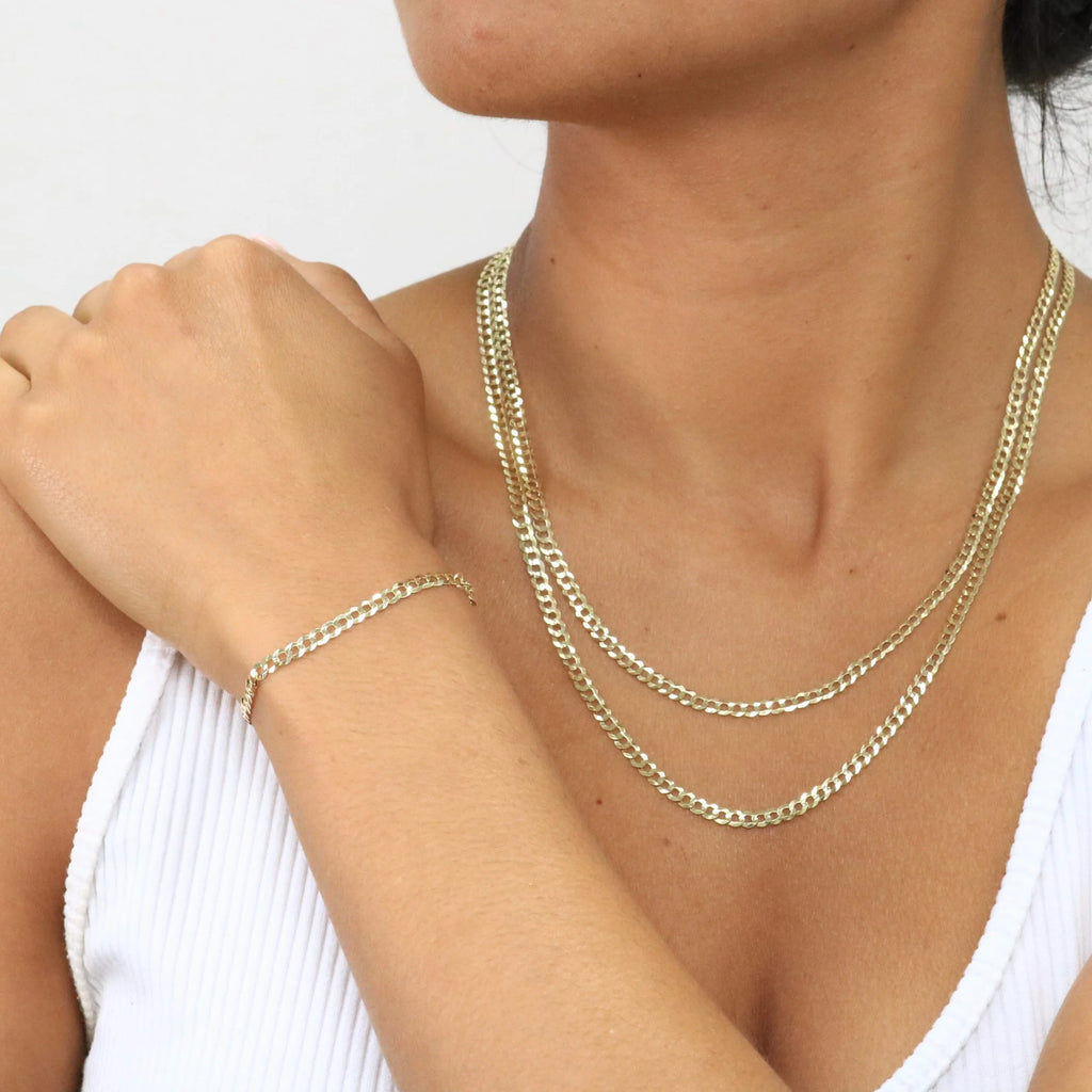 14k Yellow Gold 4mm Solid Cuban Curb Link Chain Bracelet J350