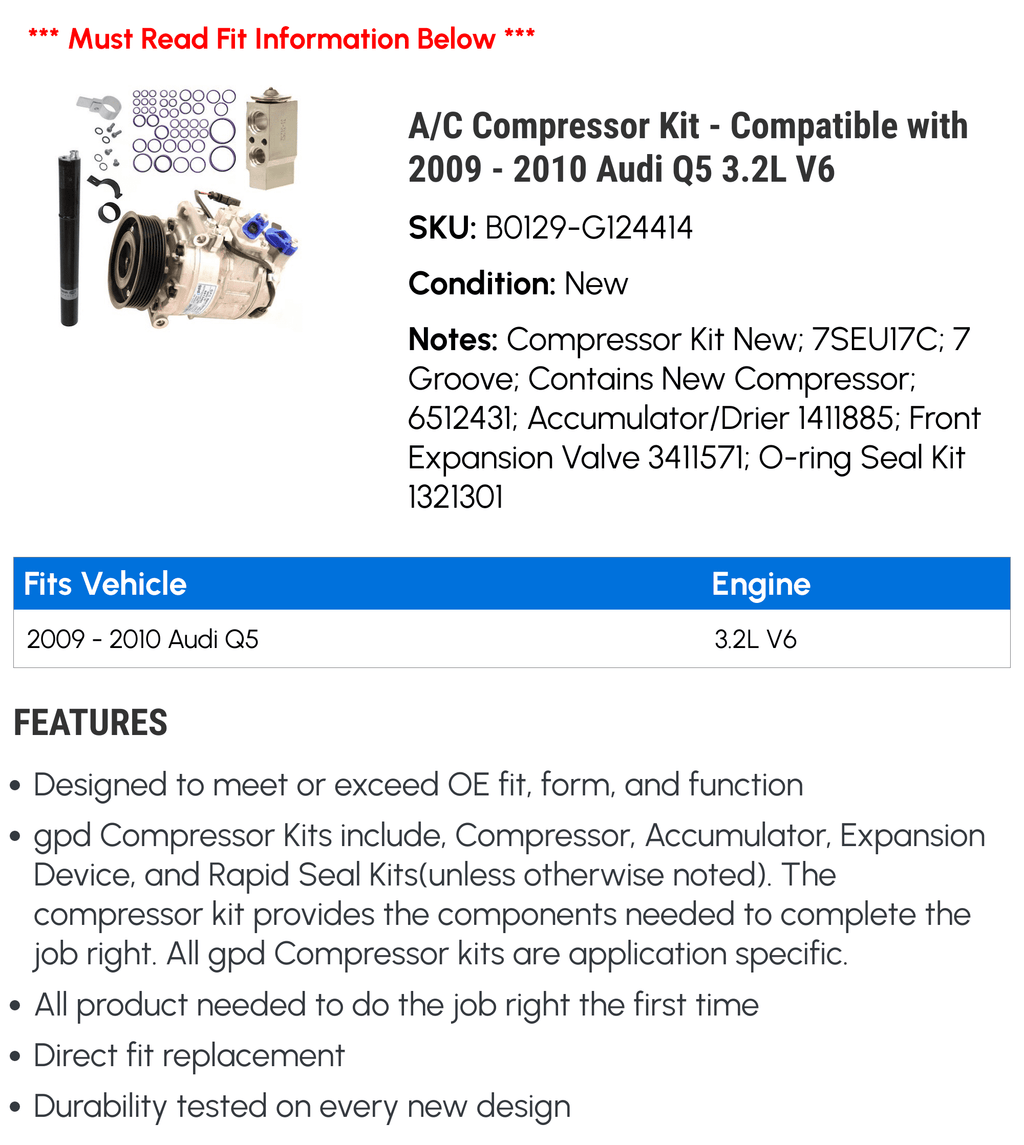 A/C Compressor Kit for 2009-2010 Audi Q5 3.2L V6 B25488