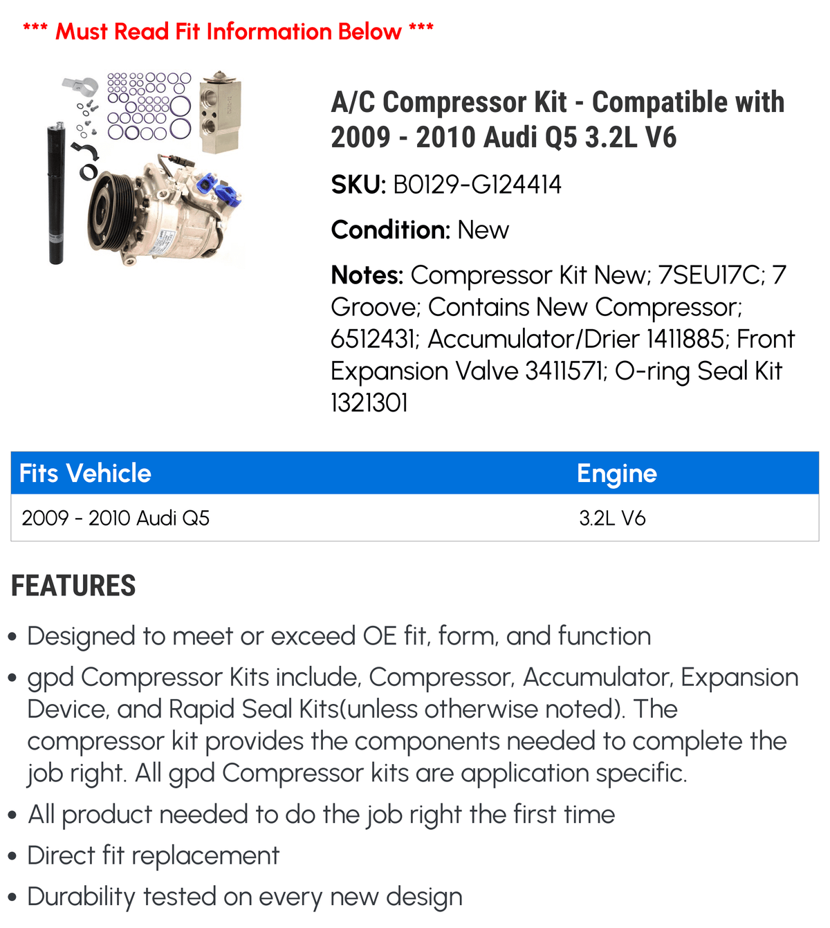 A/C Compressor Kit for 2009-2010 Audi Q5 3.2L V6 B25488