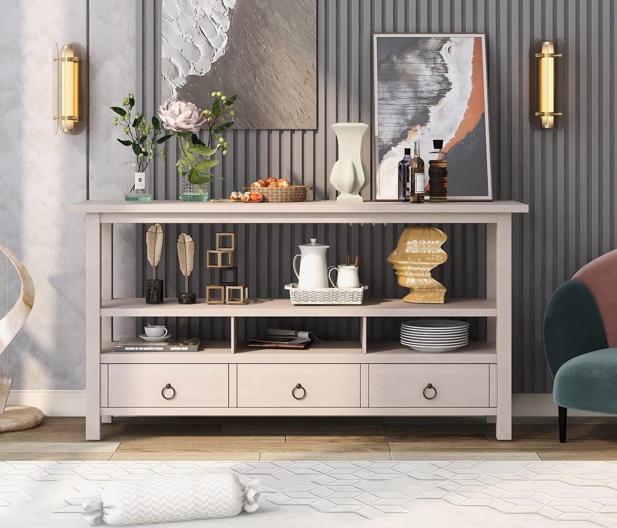 Light Green 6 Drawers Sideboard Console Table with Cabinet and Bottom Shelf U172789