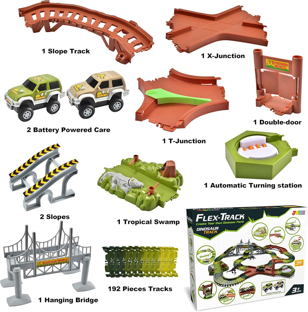 192 Pieces Flexible Train Track Race Car Vehicle Playset with 2 Battery Powered Race Cars and 2 Dinosaur Figures M96452