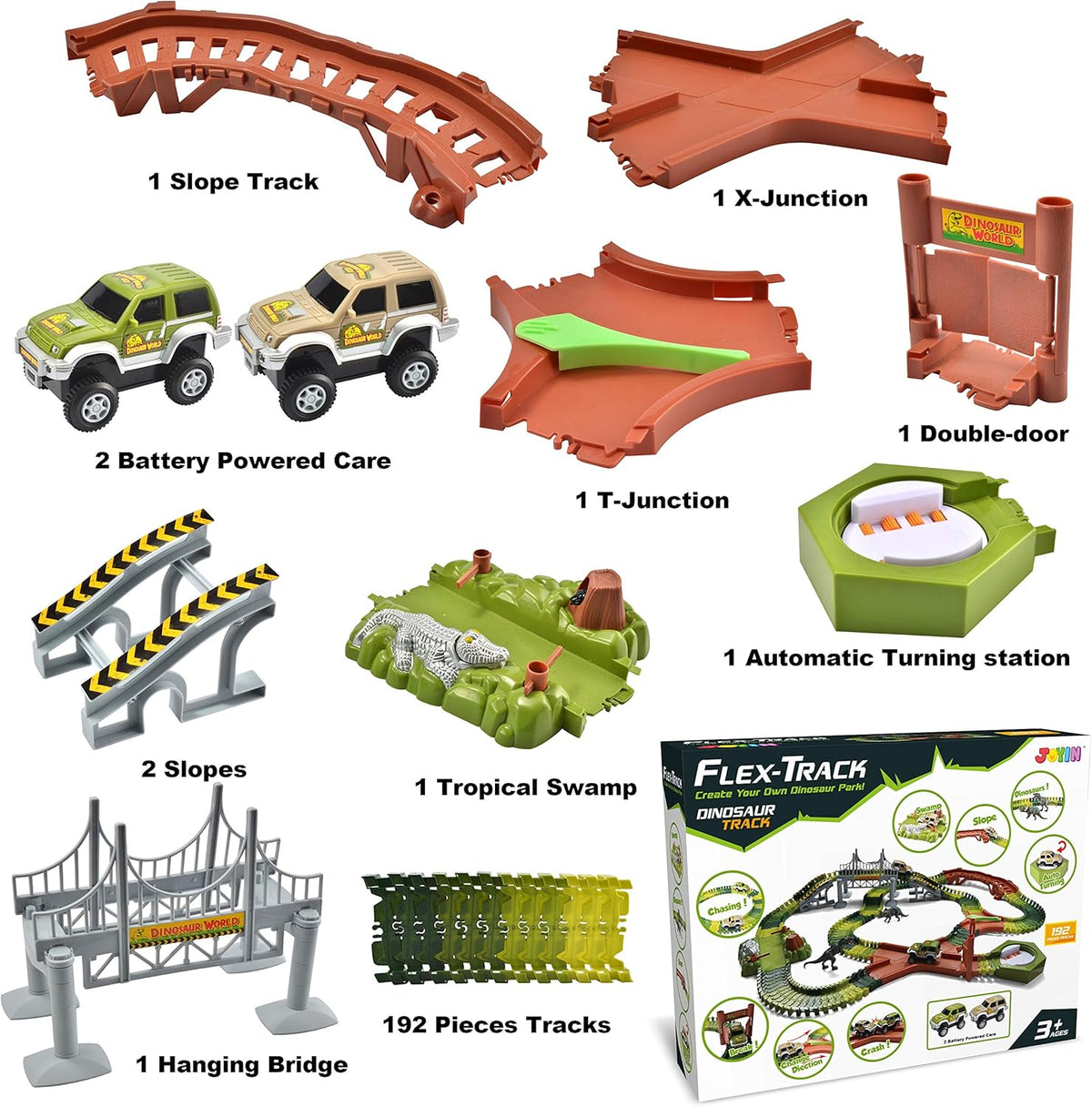 192 Pieces Flexible Train Track Race Car Vehicle Playset with 2 Battery Powered Race Cars and 2 Dinosaur Figures M96452
