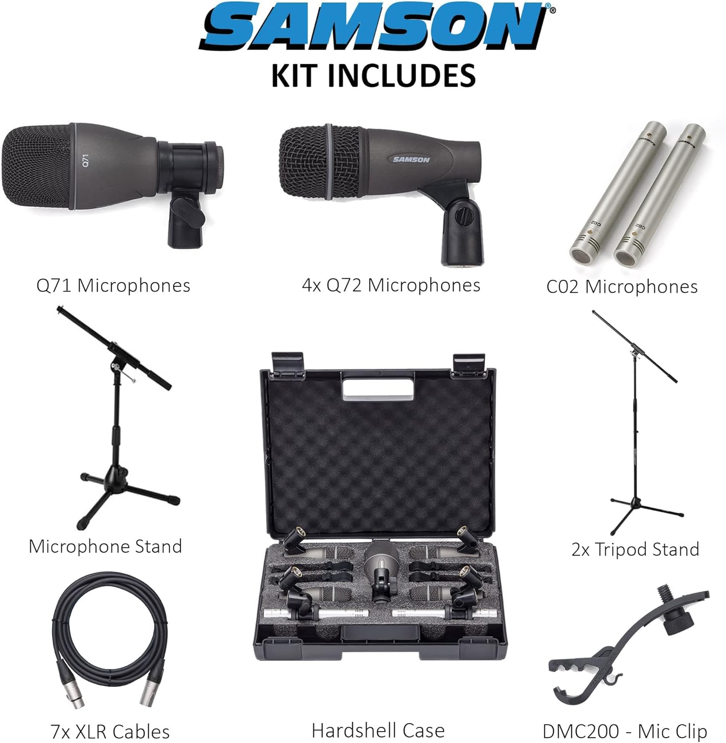 7-Piece Drum Microphone Kit with 2 Mic Boom Stands and 7 XLR Mic Cables Z6488