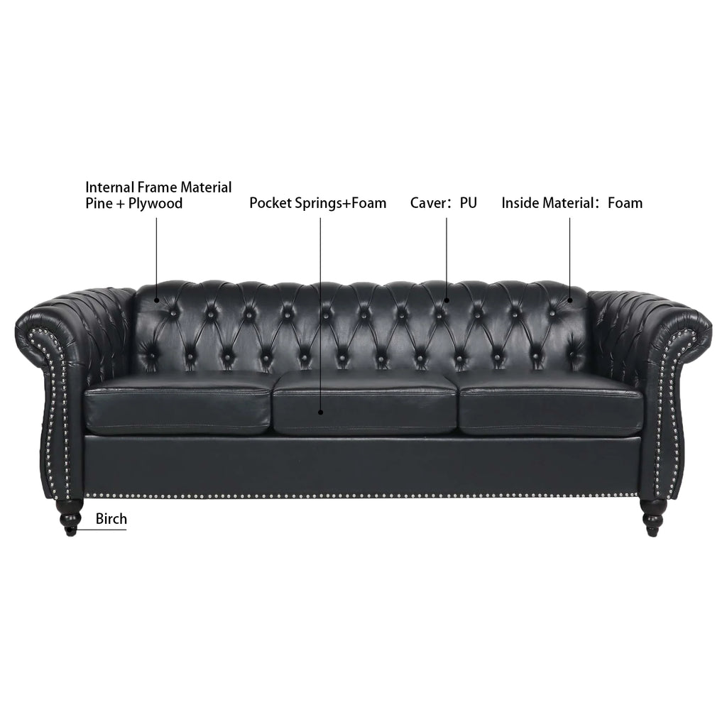 Black PU Rolled Arm Chesterfield Three Seater Sofa A26495