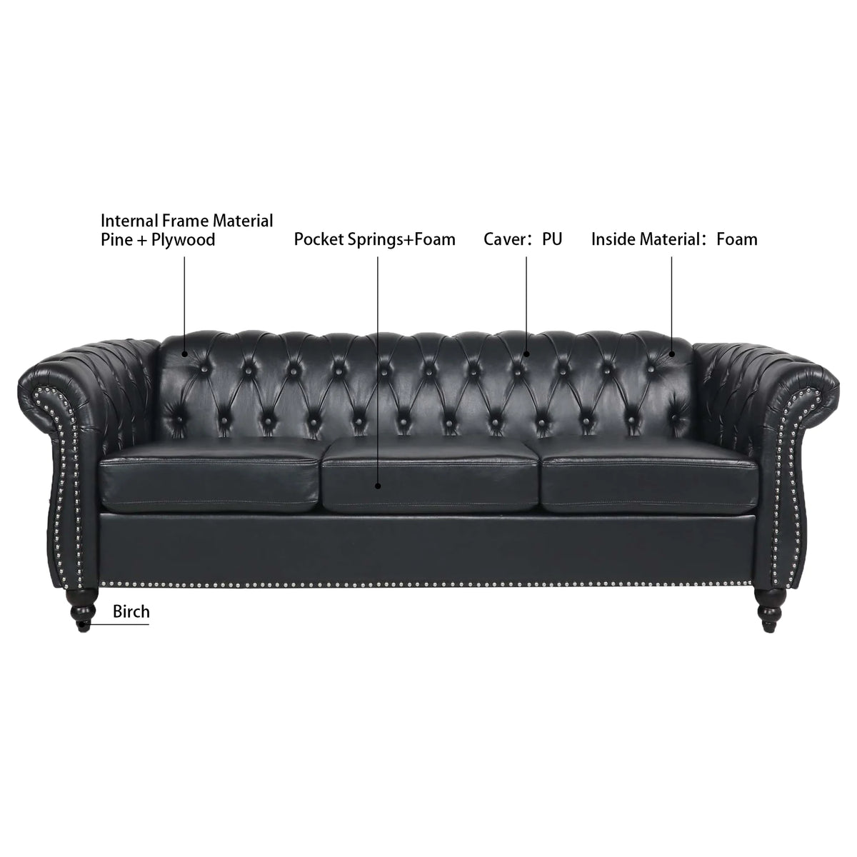 Black PU Rolled Arm Chesterfield Three Seater Sofa A26495