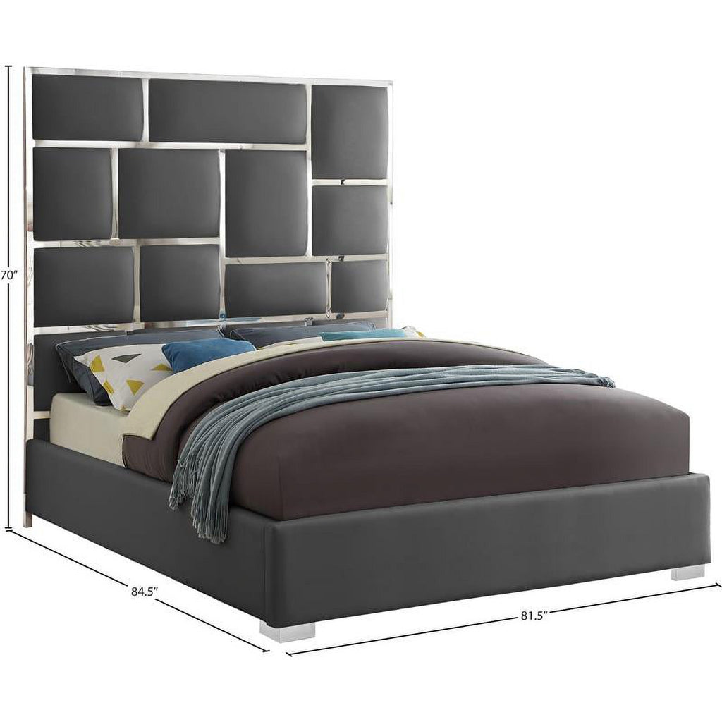 King Bed in Gray Solid Wood and Faux Leather R685595