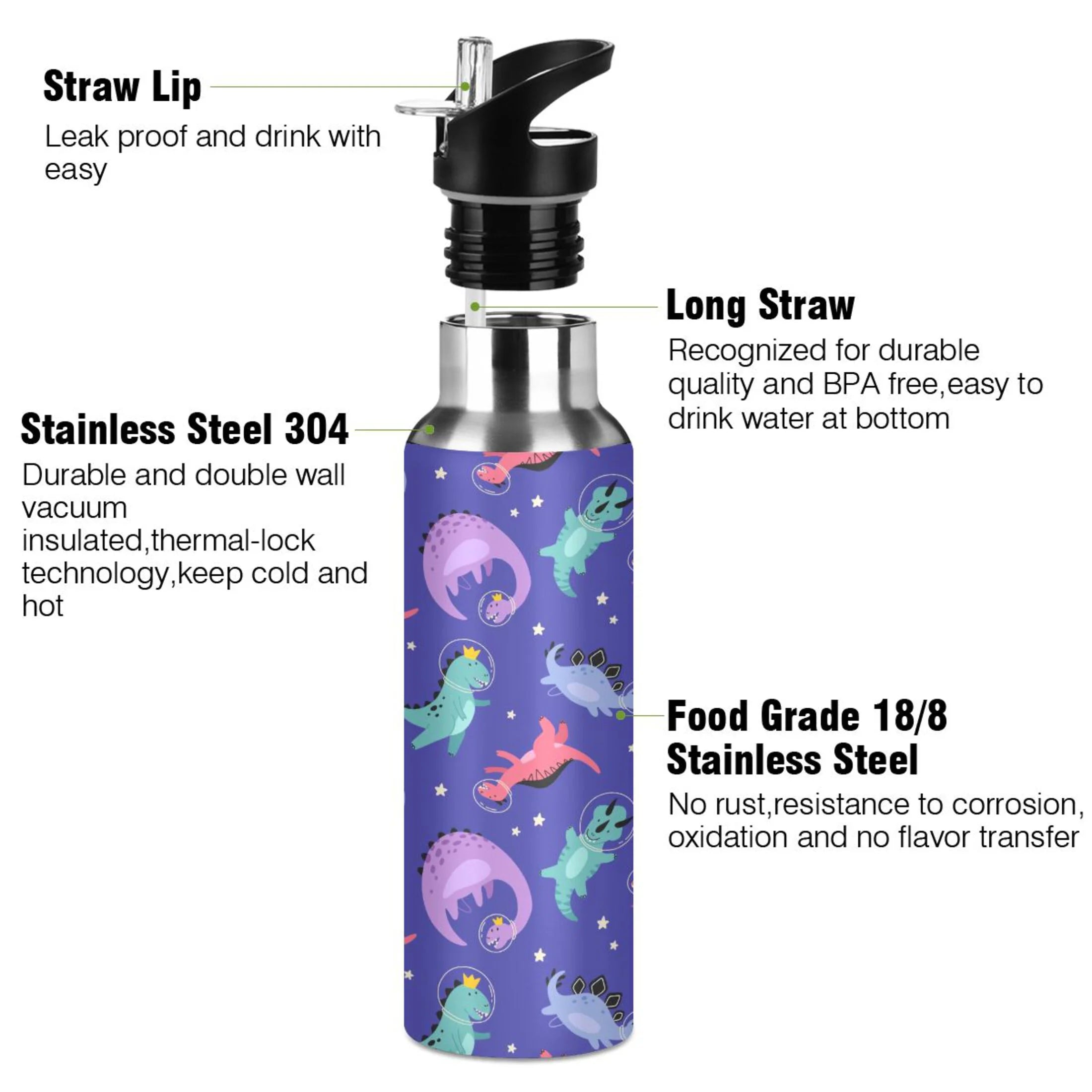 Stainless Steel Insulated Thermos Vacuum Flask Water Bottle with Straw Lid K815