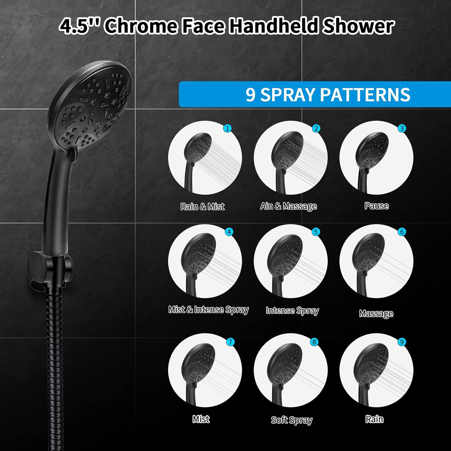 8'' Rainfall Shower Head & 9 Settings Handheld Shower Head with Holder, Hose, Chrome - Matte Black Pack of 2 Y462916