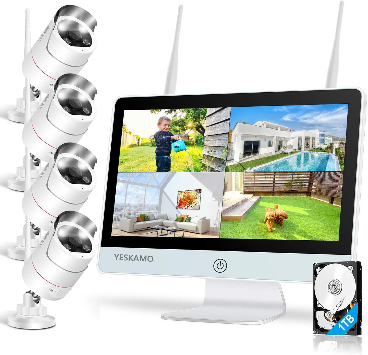 Wireless Security Camera System with 12'' Monitor 2 Way Audio, 3MP WiFi IP Cameras AI Human Detection Siren Alarm, 1080P HD Home Surveillance System with Hard Drive O4549