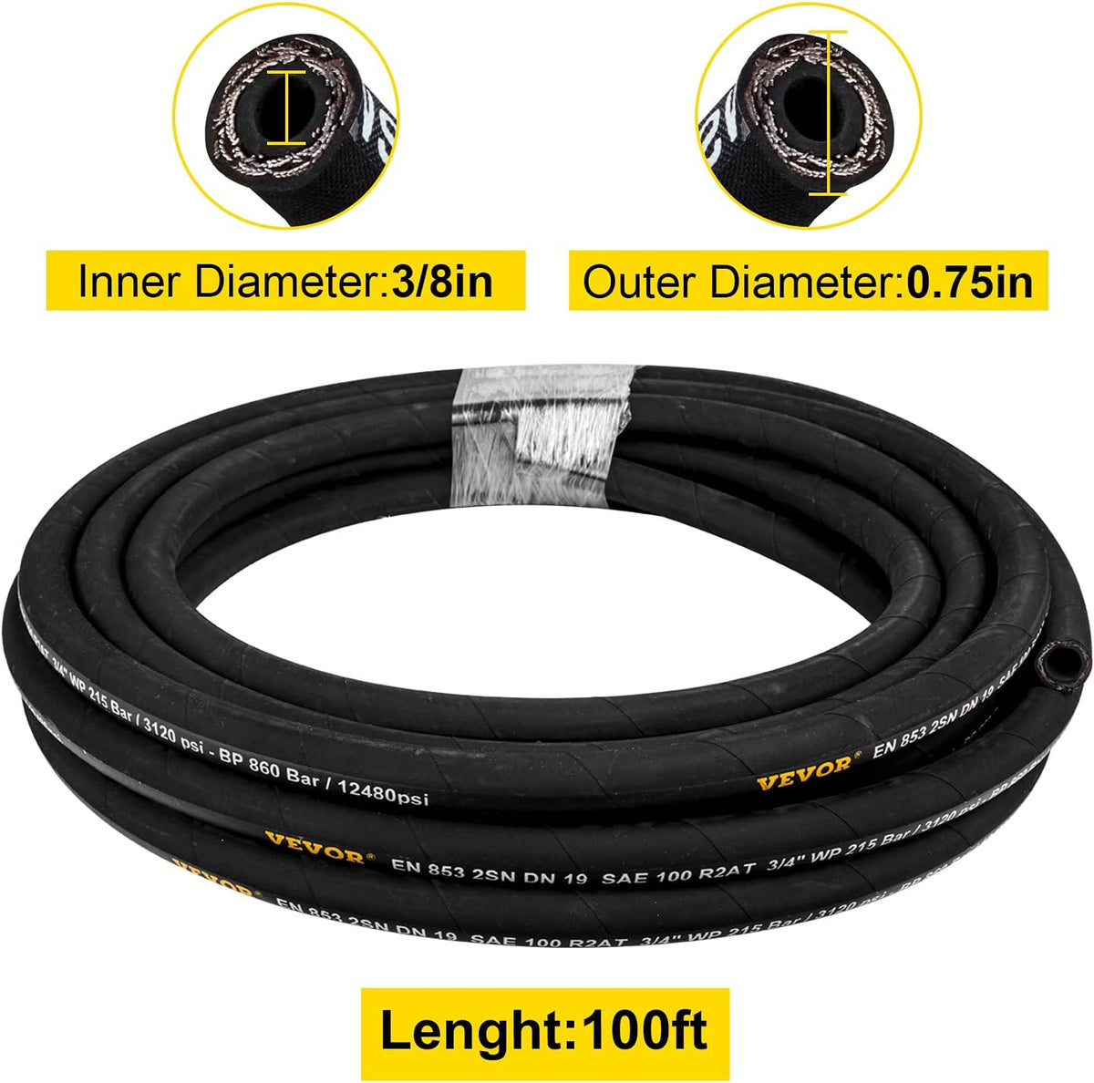 Hydraulic Hose 3/8 inch x 100 ft, 4800 PSI, Rubber, with 2 High-Tensile Steel Wire Braid H7200