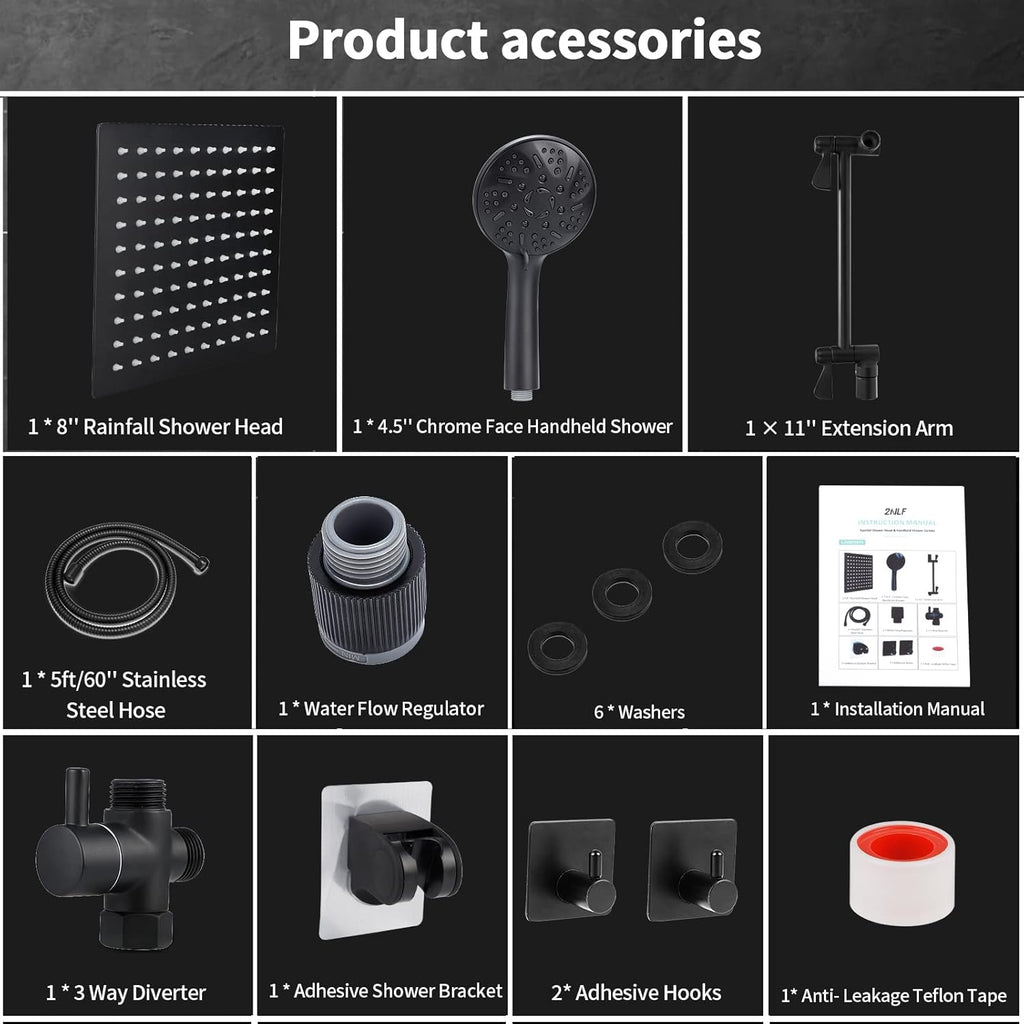 8'' Rainfall Shower Head & 9 Settings Handheld Shower Head with Holder, Hose, Chrome - Matte Black Pack of 2 Y462916