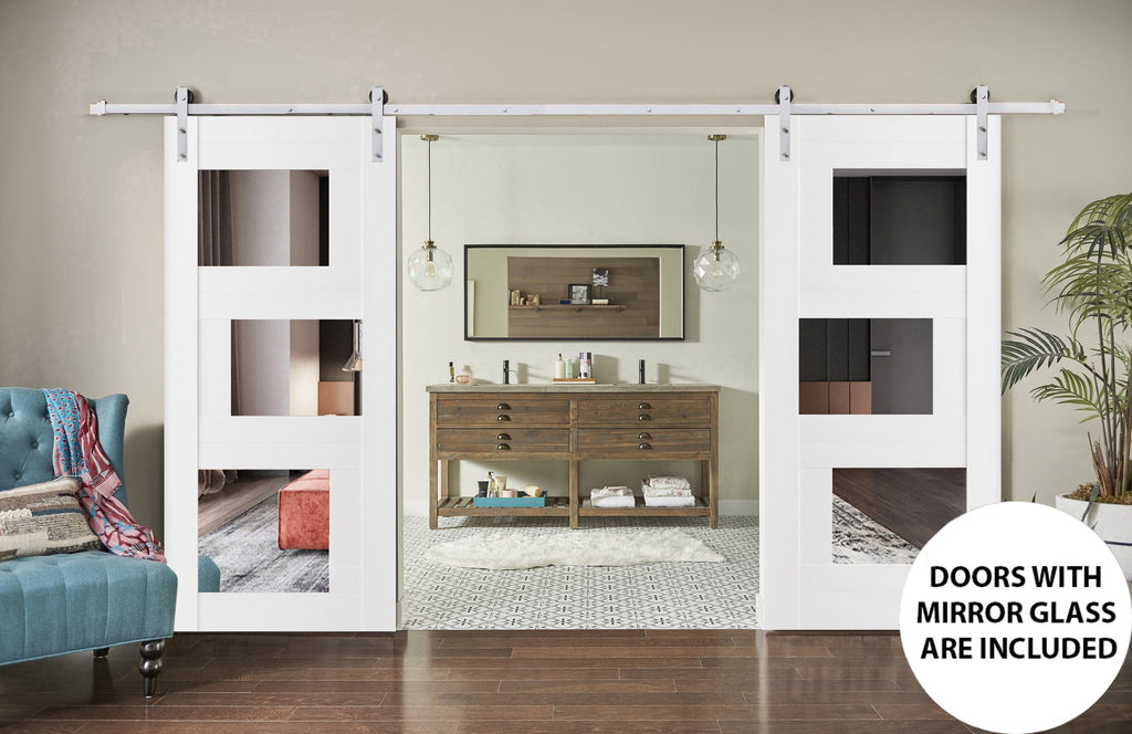 Double Barn Door 36 x 84 inches with Mirror Stainless Steel Rail Hangers Solid Panel Interior Doors K15015