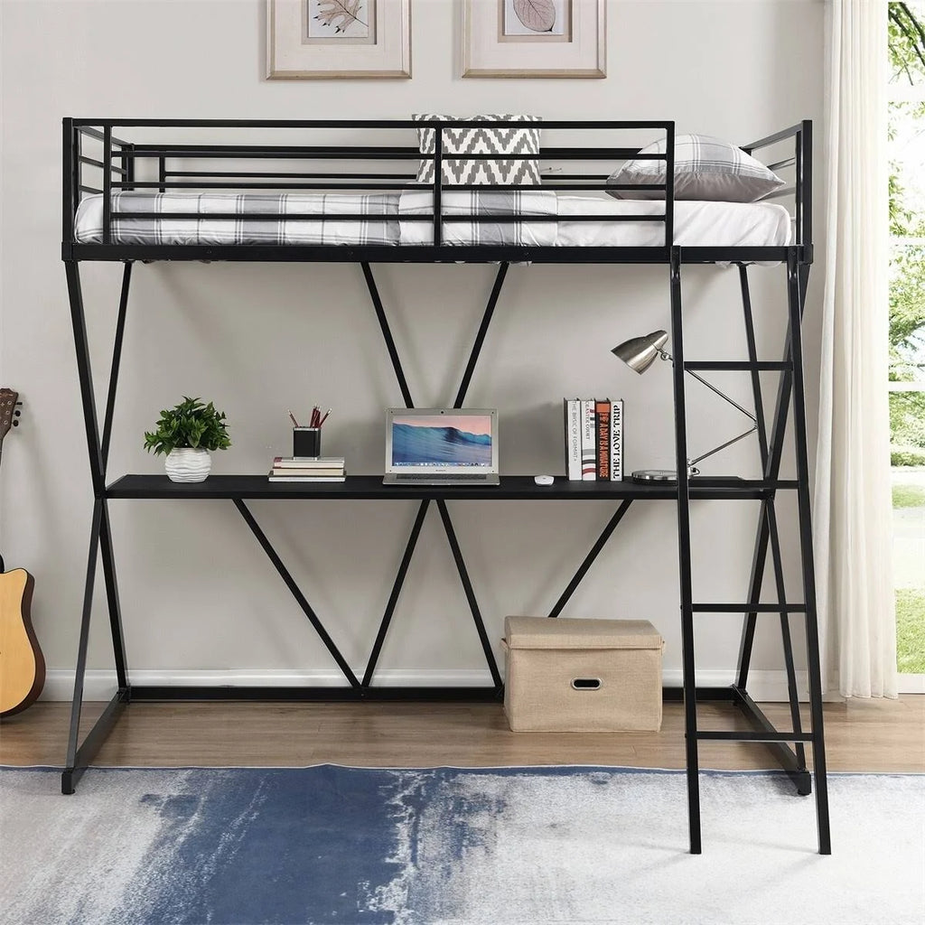 Twin Loft Bed with Desk, Ladder, and Guardrails - Silver J239