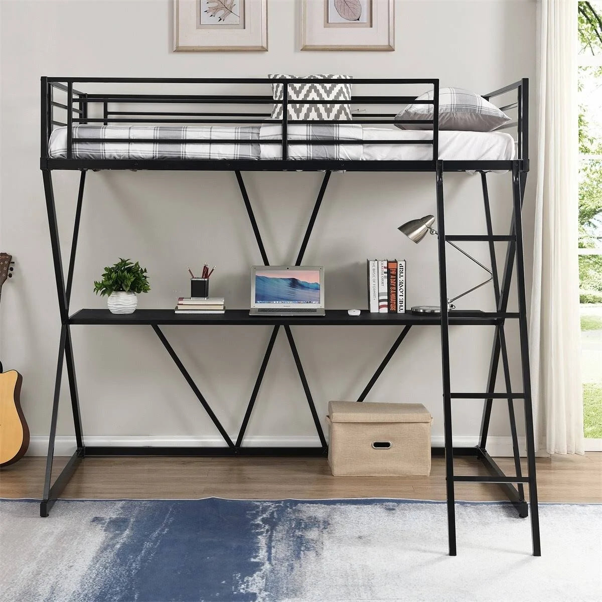 Twin Loft Bed with Desk, Ladder, and Guardrails - Silver J239