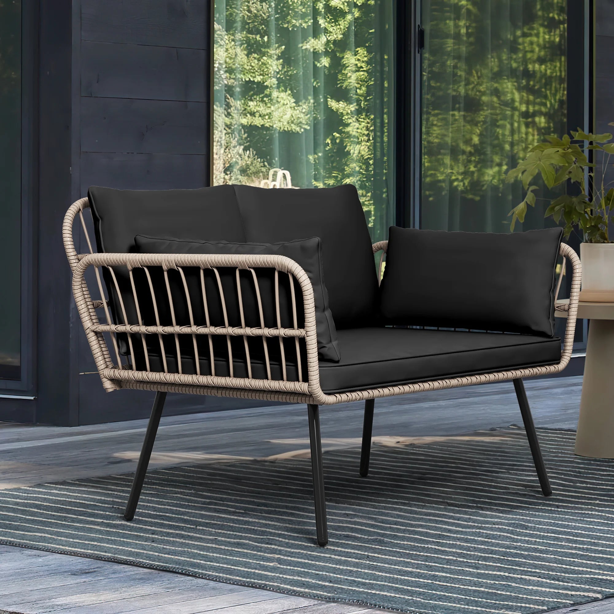 All-Weather Wicker Rattan 2 Seater Loveseat Sofa with Black Cushions & Lumbar Pillows V77734