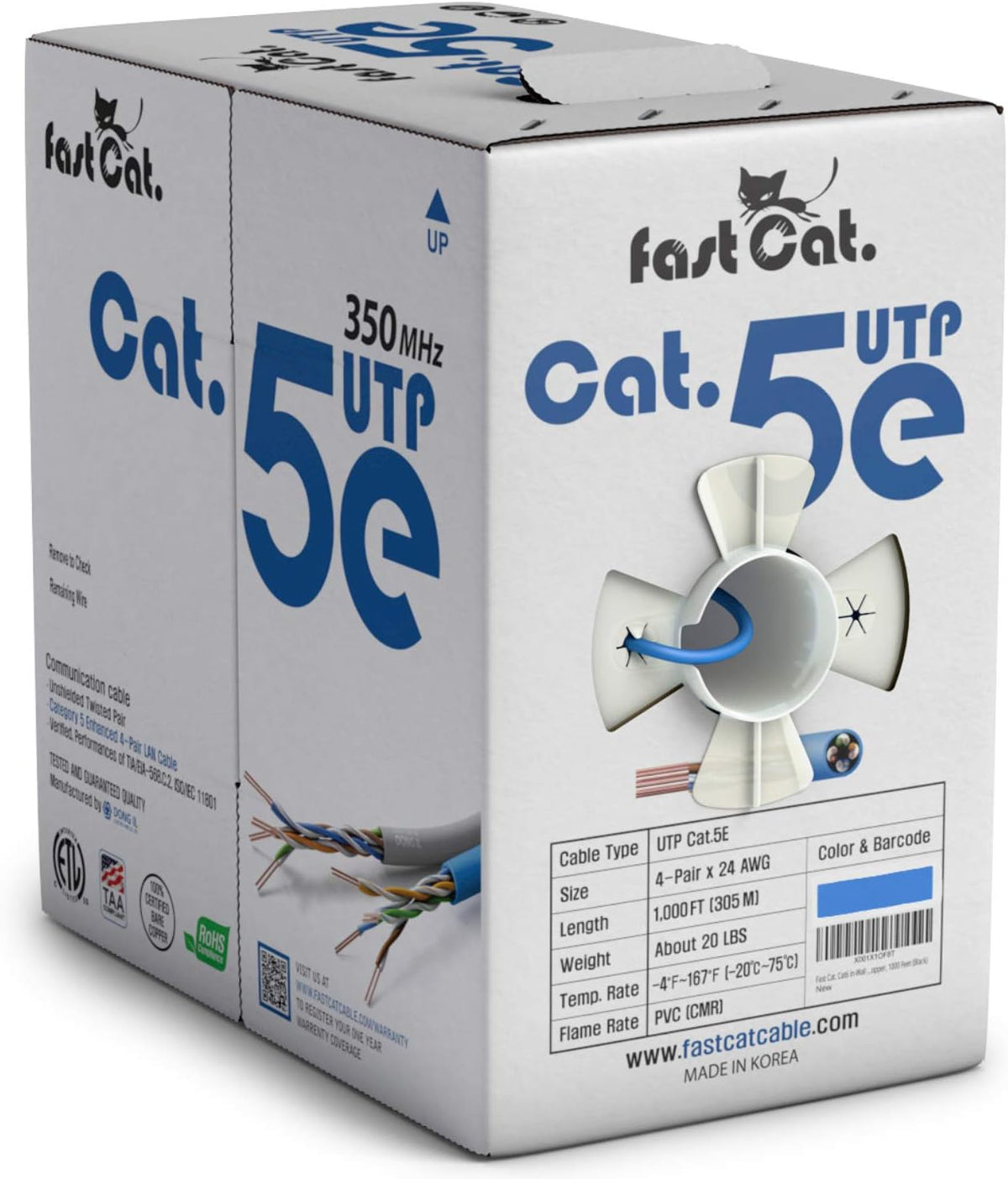 Cat5e Ethernet Cable 1000ft - 24 AWG CMR Bare Copper UTP LAN Cable (Orange) D4072