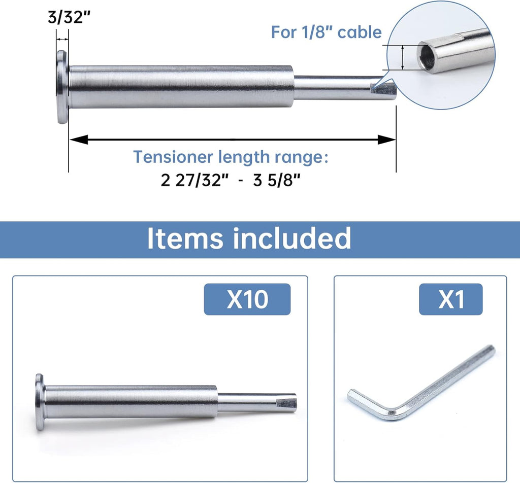 10Pack Cable Railing Kit Invisible 1/8" T316 Stainless Steel Swage Tensioner for Wood Metal Post Deck Stairs J6959