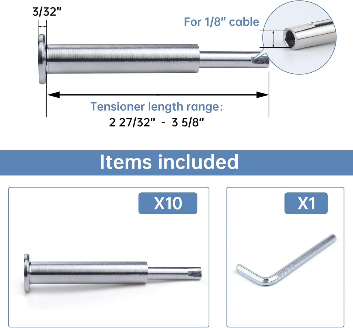 10Pack Cable Railing Kit Invisible 1/8" T316 Stainless Steel Swage Tensioner for Wood Metal Post Deck Stairs J6959