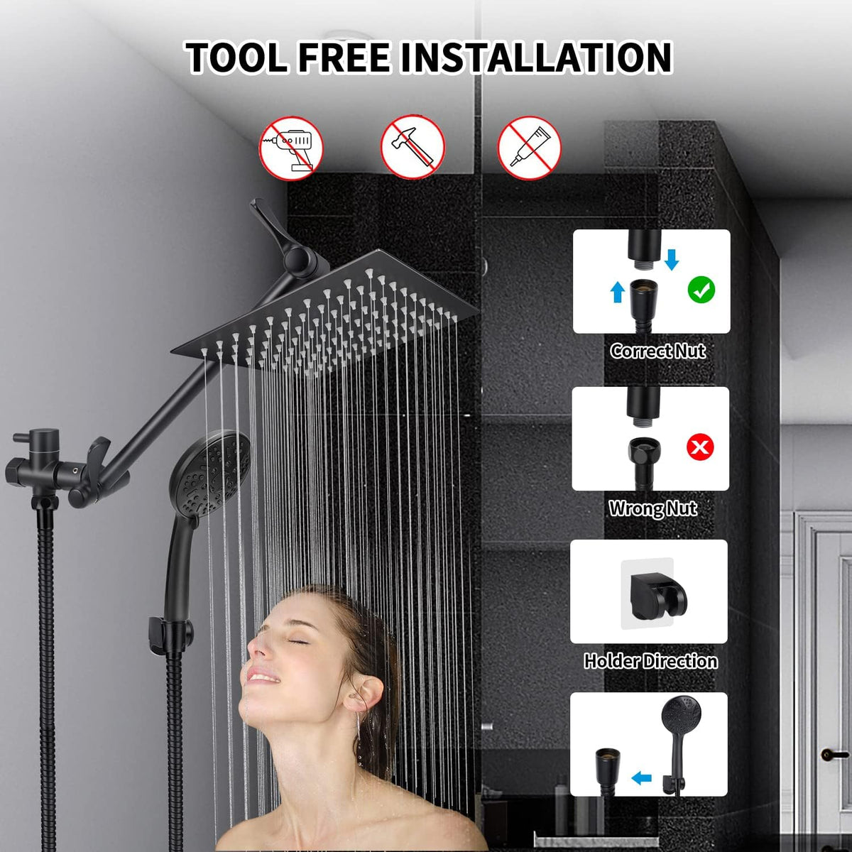 8'' Rainfall Shower Head & 9 Settings Handheld Shower Head with Holder, Hose, Chrome - Matte Black Pack of 2 Y462916