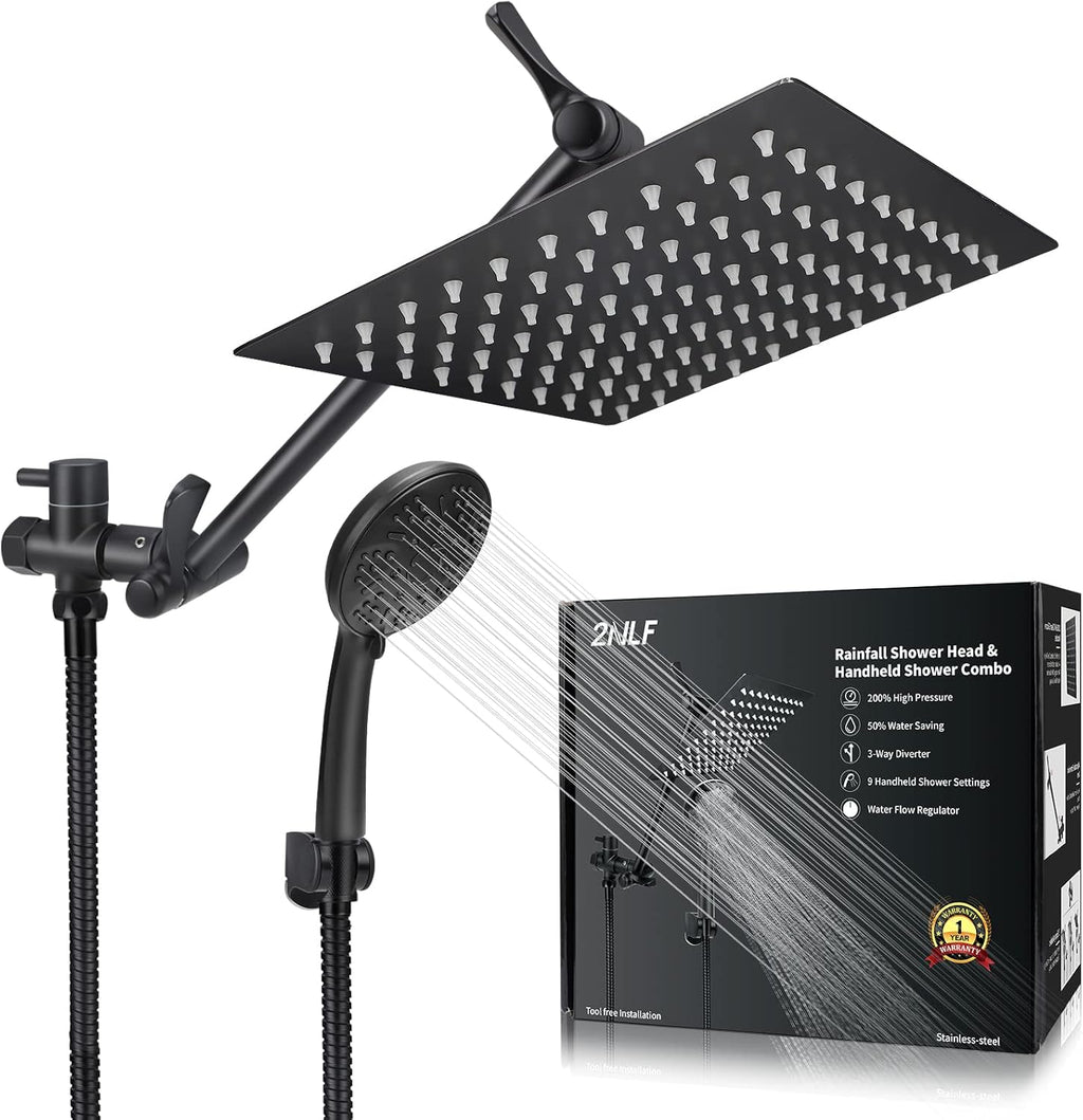 8'' Rainfall Shower Head & 9 Settings Handheld Shower Head with Holder, Hose, Chrome - Matte Black Pack of 2 Y462916