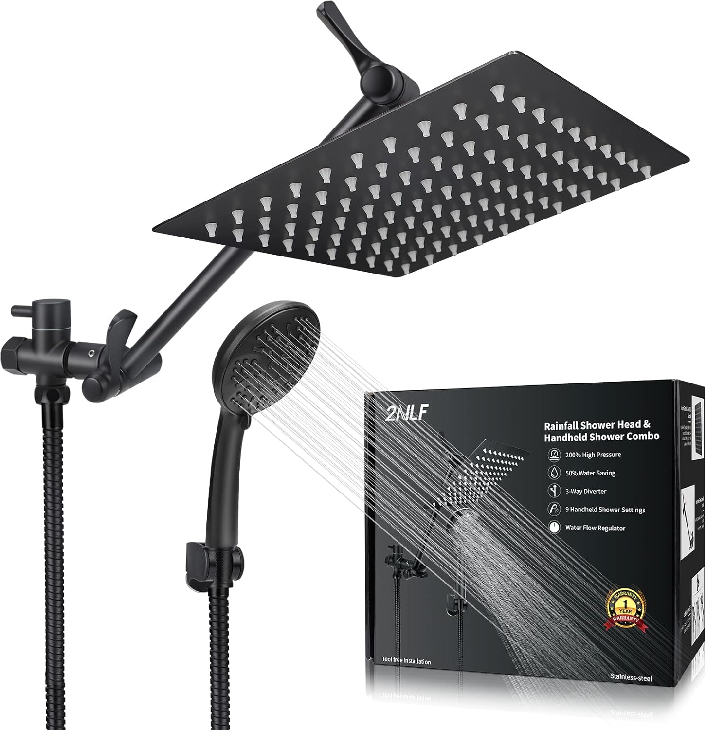 8'' Rainfall Shower Head & 9 Settings Handheld Shower Head with Holder, Hose, Chrome - Matte Black Pack of 2 Y462916
