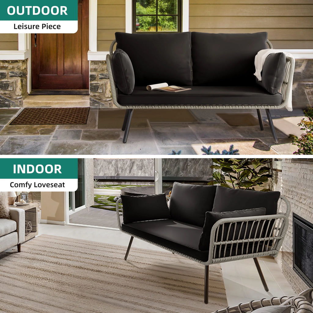 All-Weather Wicker Rattan 2 Seater Loveseat Sofa with Black Cushions & Lumbar Pillows V77734