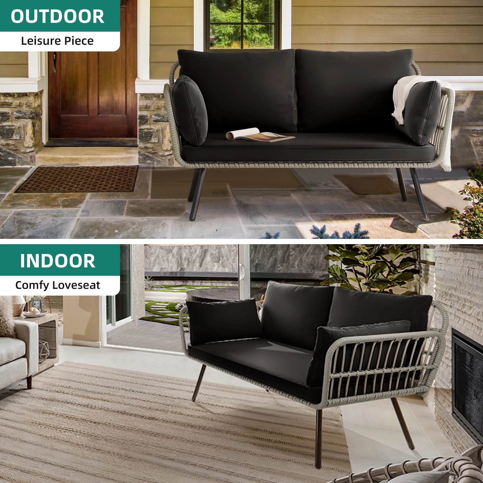 All-Weather Wicker Rattan 2 Seater Loveseat Sofa with Black Cushions & Lumbar Pillows V77734