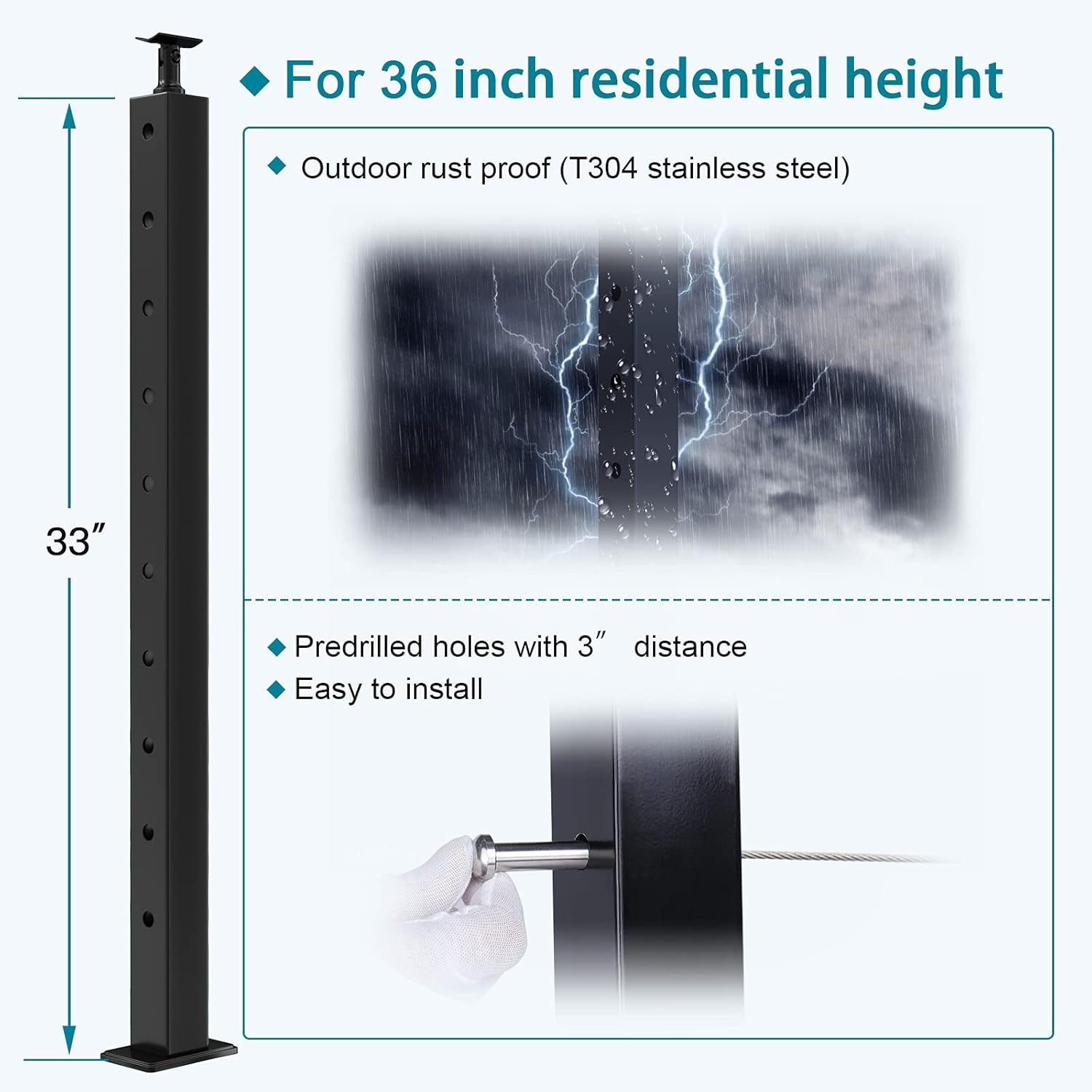 4 Pack 36x2x2 Stainless Steel Black Cable Railing Post M221144