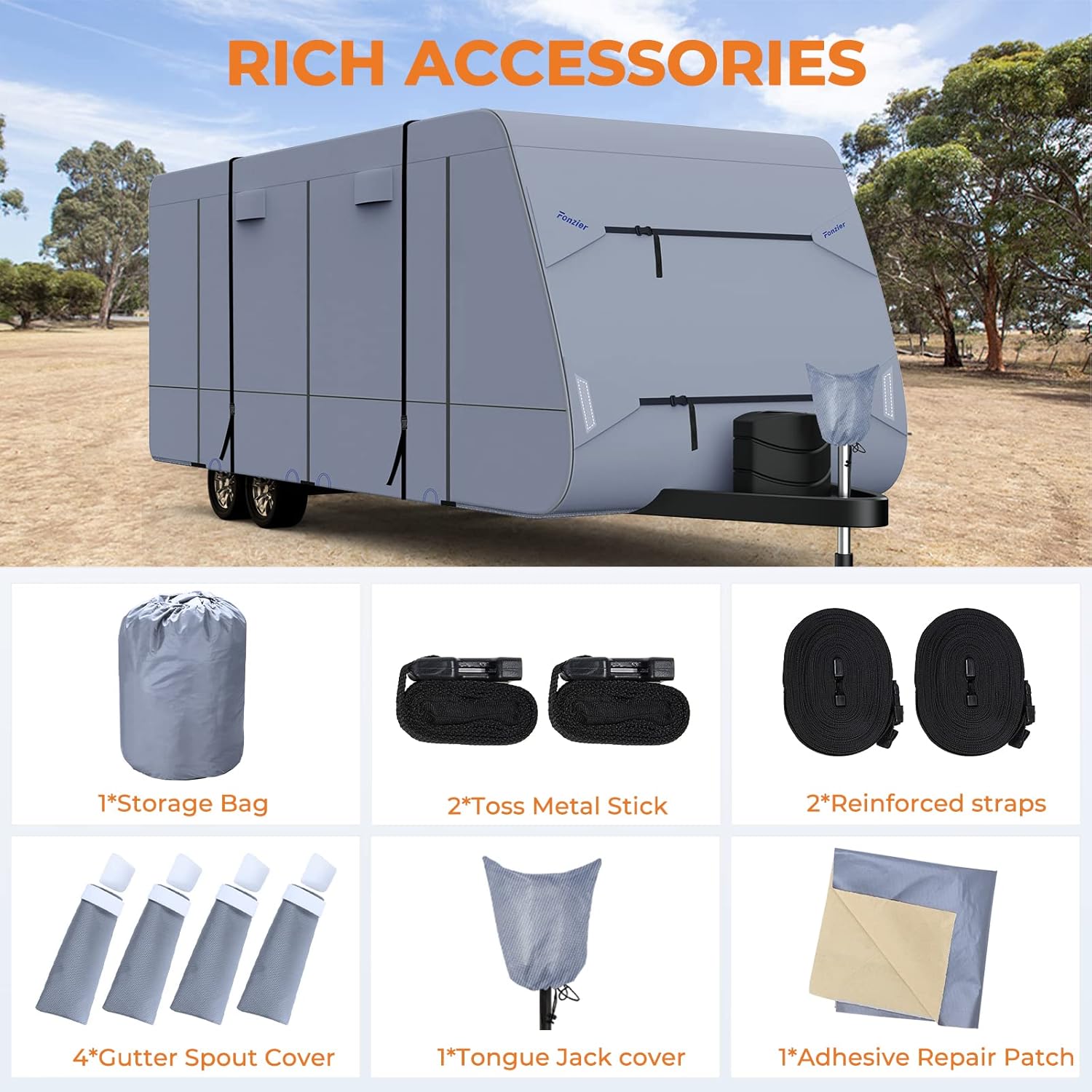 Waterproof 210D Travel Trailer RV Cover with 4 Gutter Spout Covers U389