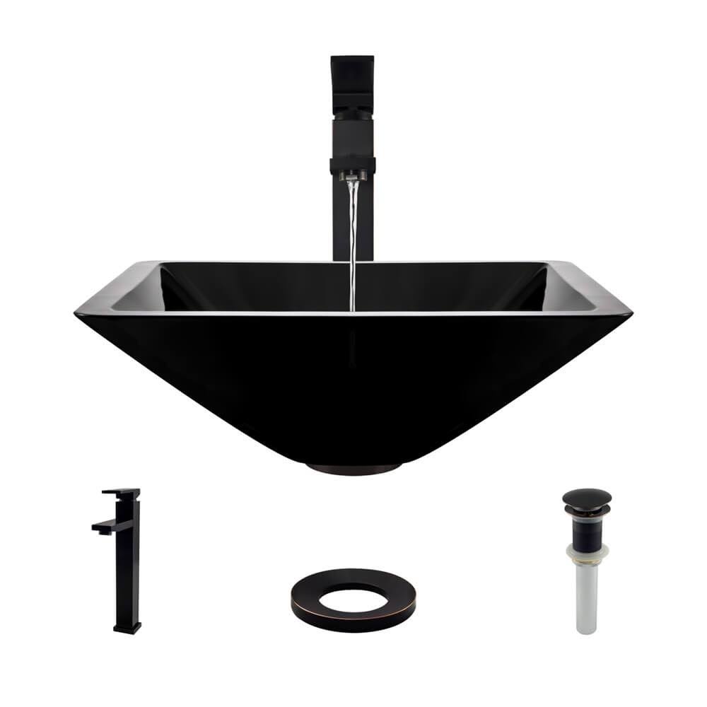16-1/2x22 Glass Vessel Bathroom Sink with Vessel Faucet Noir Dark T246559