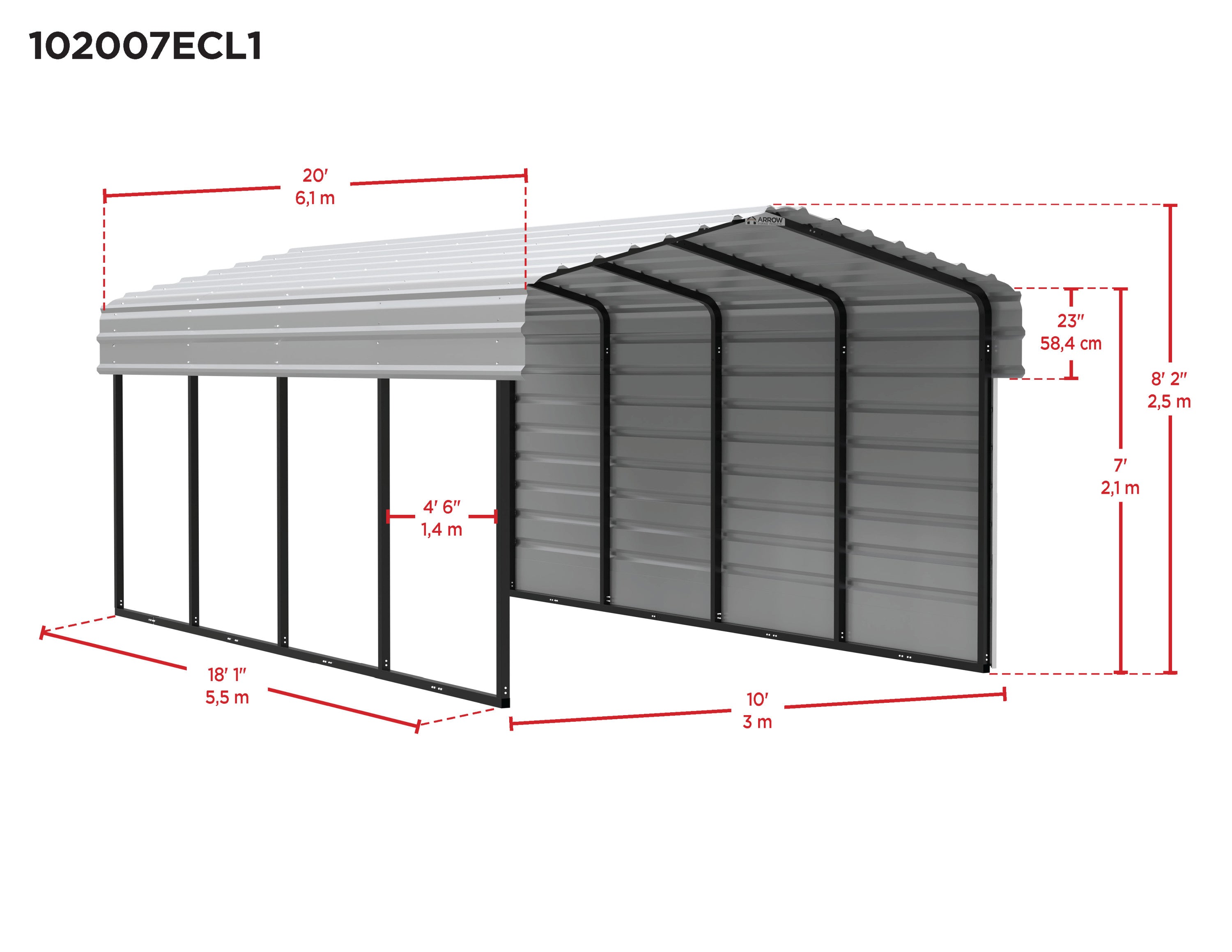 Galvanized Steel Carport Kit, 10' x 20' x 7' F911588