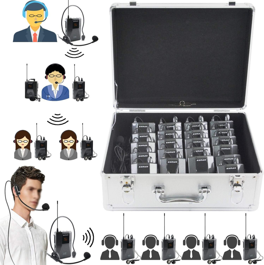 Wireless Headset Microphone Tour Guide System (1 Transmitter 20 Receivers with Silver Aluminum Storage Case) W93395