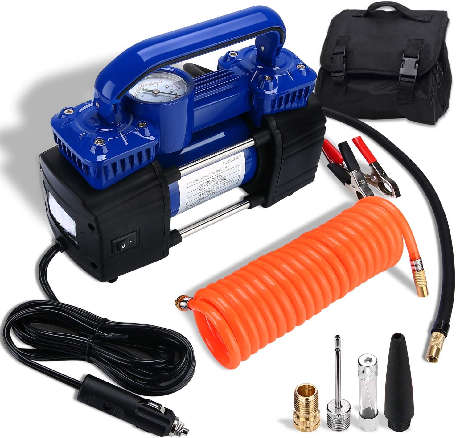 Portable Air Compressor Tire Inflator, 150PSI Car Air Pump DC 12V with 4 Nozzle Attachments, LED Light, Air Hose, Battery Clamp T5705