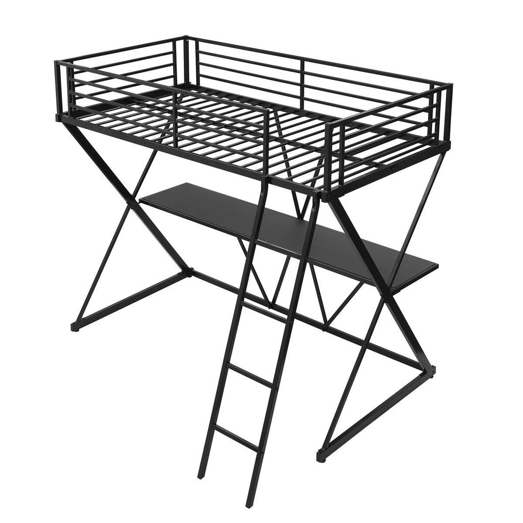 Twin Loft Bed with Desk, Ladder, and Guardrails - Silver J239