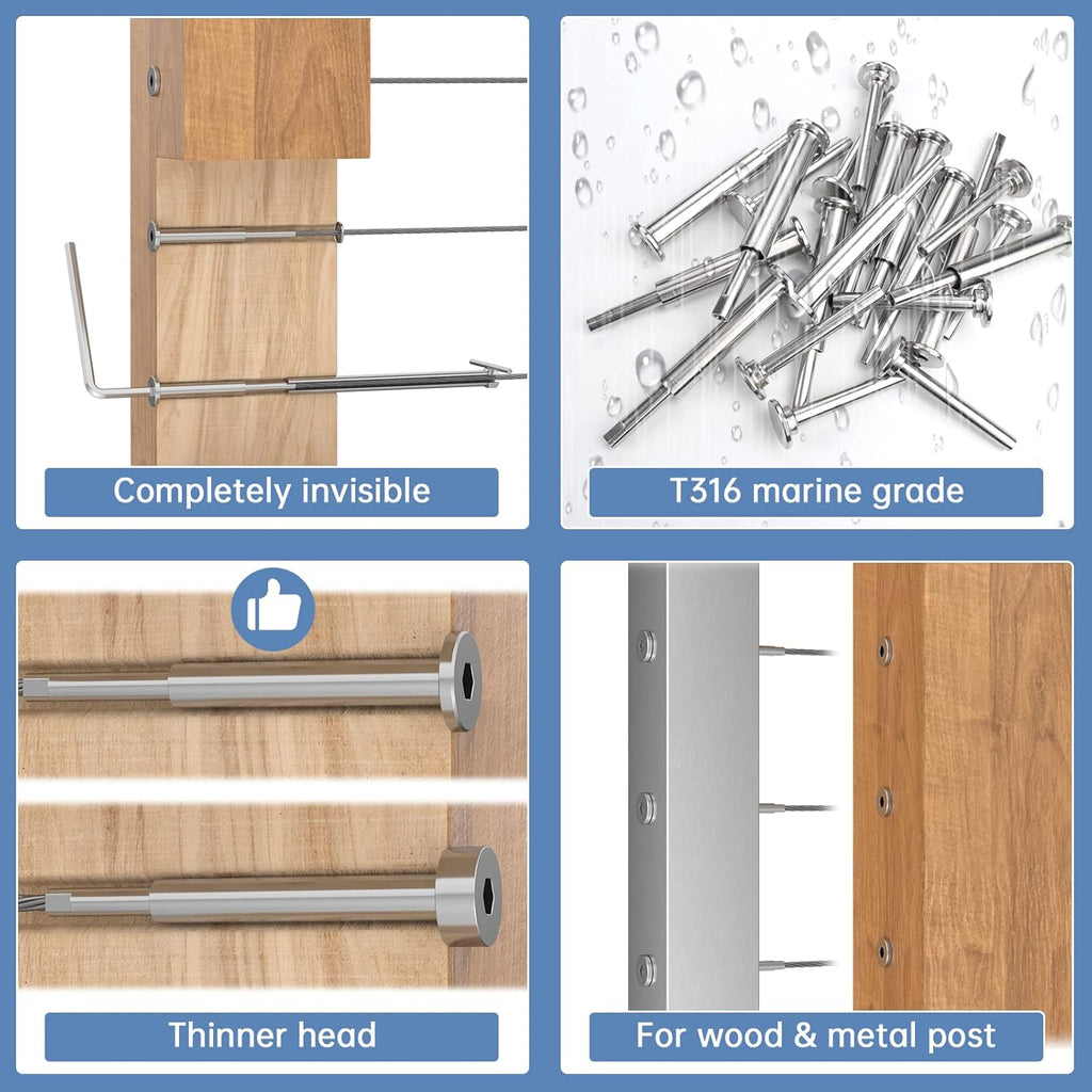 10Pack Cable Railing Kit Invisible 1/8" T316 Stainless Steel Swage Tensioner for Wood Metal Post Deck Stairs J6959