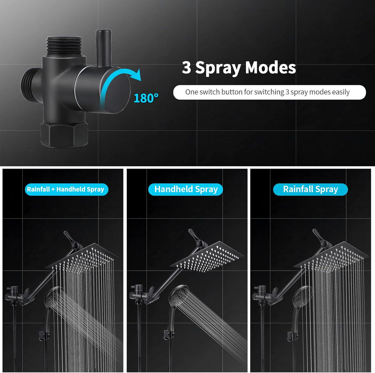8'' Rainfall Shower Head & 9 Settings Handheld Shower Head with Holder, Hose, Chrome - Matte Black Pack of 2 Y462916