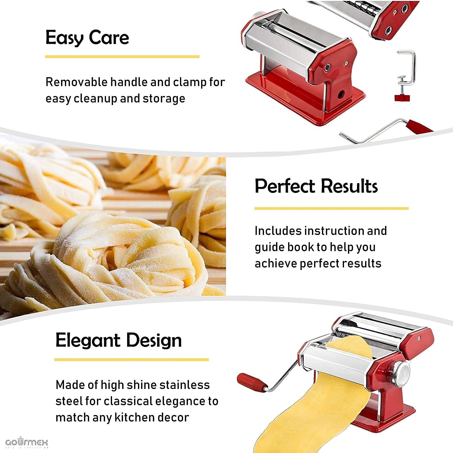 Stainless Steel Manual Pasta Maker Machine with 3 Cutters, 8.7 inches W236
